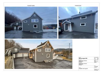Fotografier av fasaden på en bolig sett fra nord og øst.