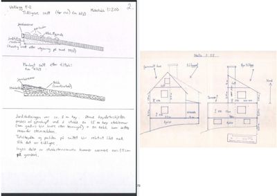 Snittegning som viser tverrsnitt av en bygning med etasjer og konstruksjonsdetaljer.
