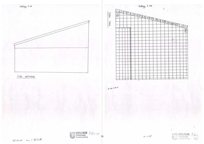 Bildet viser to snittegninger (tverrsnitt) av en bygning. Den venstre viser et enkelt snitt, mens den høyre viser et mer detaljert snitt med et rutemønster (målenett).