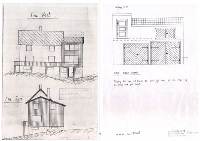 Bildet viser håndtegnede fasadetegninger av en bygning sett fra vest og syd, samt en teknisk tegning av fronten (nord).