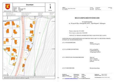 Et grunnkart som viser eiendomsgrenser, vegnett og arealbruk i et regulert område.