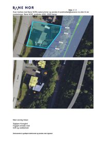 Bildet viser to kart eller flyfoto som illustrerer tomtens plassering i forhold til veier og nabolag, med overlagte mål og grenser.