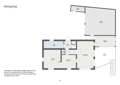 Etasjeplan (plantegning) som viser romfordeling og areal for en bolig.