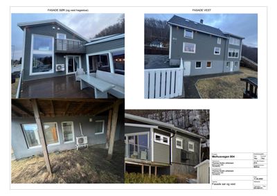 Fotografier av fasaden på en bolig, inkludert etasjeplan og detaljer.