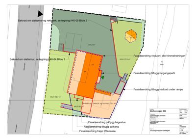 Situasjonsplan detaljert som viser tomt, bygning, og fasadeendringer