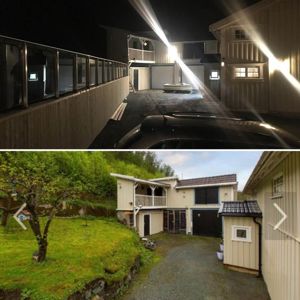 Bildet viser to fotografier av en bygning, ett nattbilde og ett dagbilde, som dokumenterer bygningens utseende.