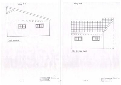 Bildet viser to fasadetegninger av en bygning, merket 'VESTVEGG' og 'BAKVEGG', med skrått tak og vinduer.