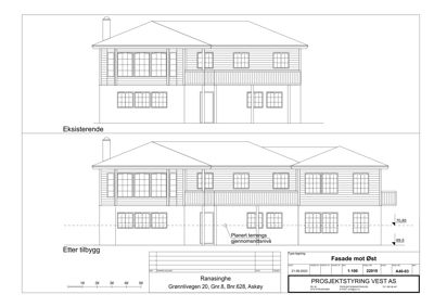 Fasadetegning som viser eksisterende hus og planlagt tilbygg sett fra øst.