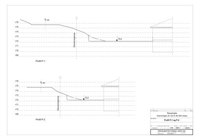 Snittegning som viser høydeprofil (høydemål) for eiendomsgrensa og vei langs to ulike profiler (P-1 og P-2).