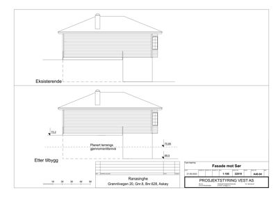 Fasadetegning som viser bygningens utseende fra sør, med oppriss av eksisterende og planlagt tilbygg, samt høydemål.