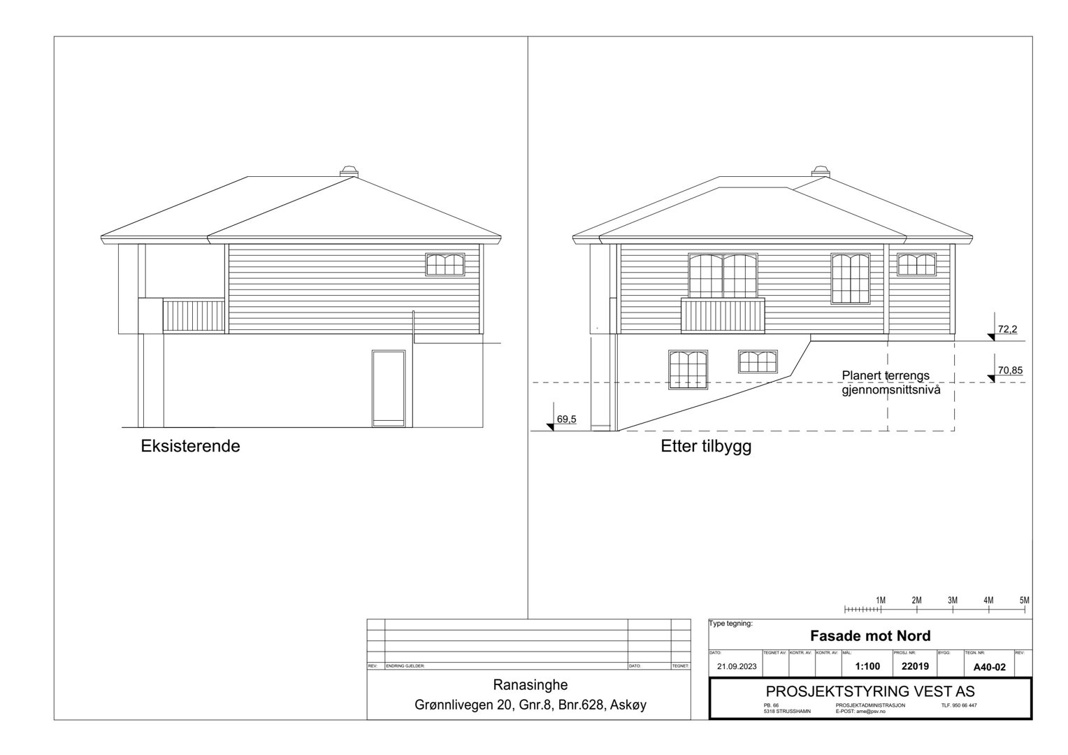 Fasadetegning som viser eksisterende og planlagt tilbygning sett fra nord.
