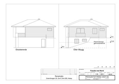 Fasadetegning som viser eksisterende og planlagt tilbygning sett fra nord.