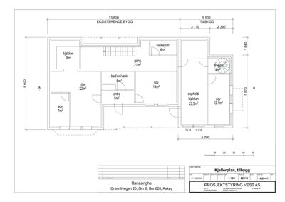Etasjeplan (kryggerplan) som viser romfordeling, arealer og dimensjoner for en bygning.