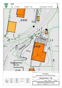 Situasjonsplan som viser tomtens beliggenhet, byggegrenser, naboeiendommer og planlagt bygning.
