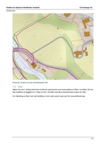 Kartutsnitt som viser topografi, eksisterende infrastruktur (veier, elver) og bygningsplasseringer i området.