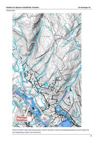 Kartutsnitt som viser nedslagsfelt og avrenningslinjer for overvann i Busdalen, med markering av planlagt klubbhus.