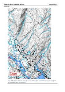 Kartutsnitt som viser topografi, nedslagsfelt og avrenningslinjer for et planlagt klubbhus.