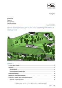 3D-visualisering (rendering) som viser et forslag til anlegg med idrettsbane og klubbhus på en grønn, kupert tomt.