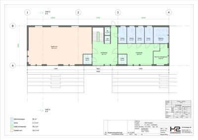 Etasjeplan (1. etasje) som viser romfordeling, arealer og funksjoner i en bygning.