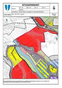 Situasjonskart som viser eiendomsgrenser, topografi (konturlinjer), arealbruksinndeling (farger) og nabolag.