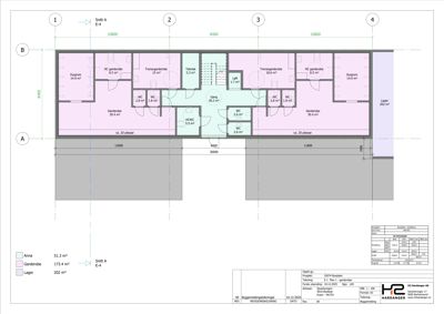 Etasjeplan (1. etasje) som viser romfordeling, arealer og funksjoner i en bygning.
