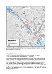 Et kart som viser et kartutsnitt av et område med en elv, bygninger og markerte områder for 20-årsflom og fare for skred.