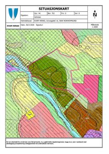Situasjonskart som viser eiendomsgrenser, topografi og nabolag for Kvam Herad.