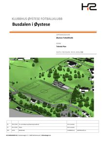 3D-visualisering (rendering) av et klubbhus og fotballbane sett fra luften.