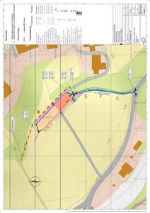 Teknikkplankart (situasjonsplan) som viser terrengform, høyder, vegforløp og bygningers plassering på tomt.