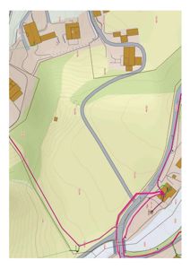 Situasjonsplan som viser tomtens beliggenhet i forhold til nabolag, veier, høydeforhold (konturlinjer) og eksisterende bygninger.