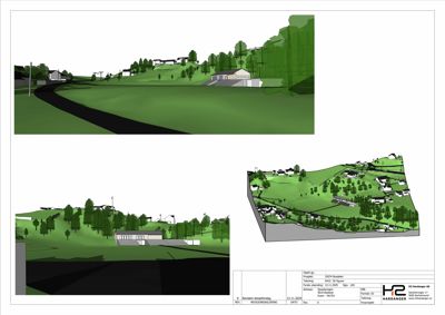 3D-visualisering (rendering) som viser bygningens plassering i terrenget, inkludert fasade og omgivende landskap.