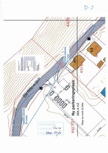 Situasjonsplan som viser ny parkeringsplass med angitte mål, siktfelt og topografi.