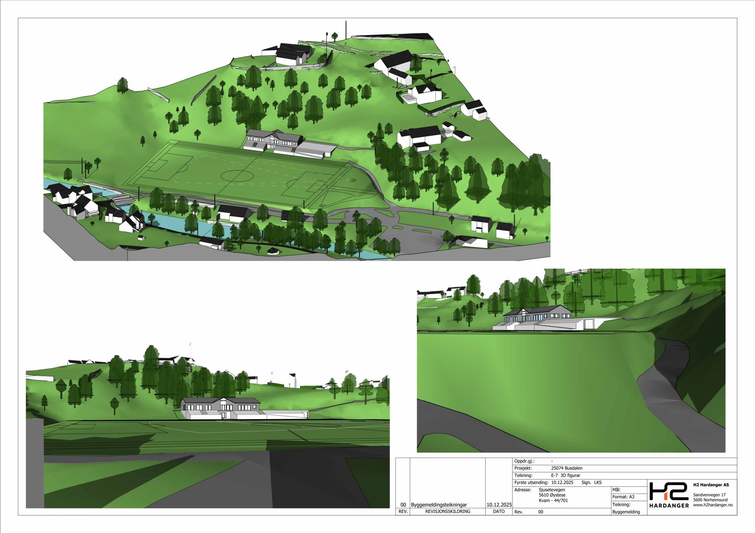 3D-visualisering (rendering) som viser etasjeplaner og fasader av en bygning i et landskap.