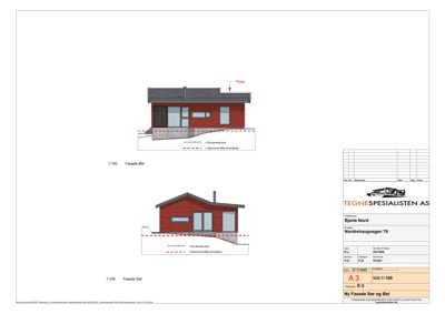 Fasadetegning som viser oppriss av bygningens front (Øst og Sør) med detaljer om tak, vinduer og terrang.