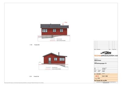 Fasadetegning som viser bygningens utseende fra øst og sør, inkludert takform, vinduer, dører og terrassering.