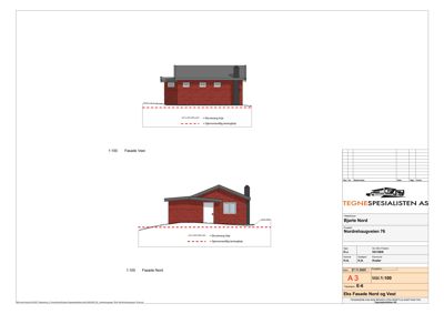 Fasadetegning som viser oppriss av bygningen sett fra vest og nord.