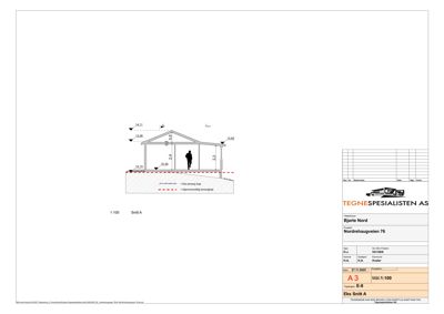 Snittegning (Snitt A) som viser bygningens høydeprofil, takform og grunnplan sett i tverrsnitt.