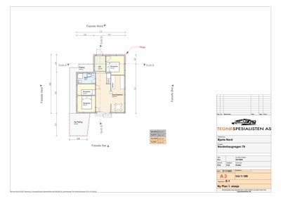 Etasjeplan (1. etasje) for Bjørte Nord, som viser romfordeling, mål og fasader.