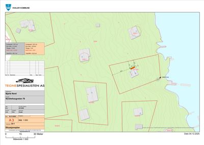 Situasjonsplan som viser tomtene, bygninger og topografi for Bjarte Nord ved Nordrehaugveien 76.