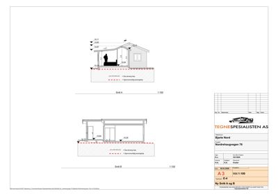 Snittegning (Ny Snitt A og B) som viser tverrsnitt gjennom en bygning med høydeangivelser.