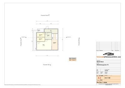 Etasjeplan (Eks Plan 1. etasje) som viser romfordeling, dimensjoner og fasaderetninger for en bygning.