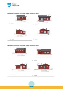 Fasadetegninger som viser bygningens utseende fra ulike vinkler (Øst, Vest, Sør, Nord) før og etter endringer.
