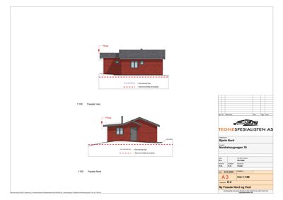 Fasadetegning som viser bygningens utseende sett fra nord og vest.