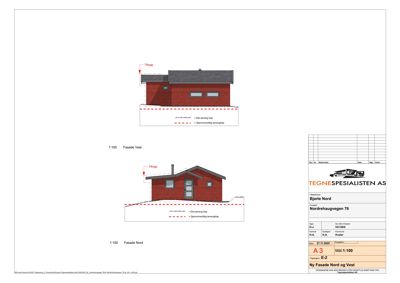 Tegning som viser fasadeopprikk for bygningen sett fra vest og nord.