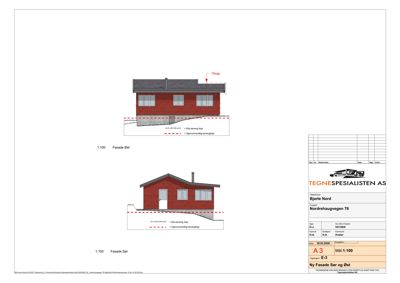 Fasadetegning som viser bygningens utseende sett fra øst og sør, inkludert takform, vinduer og grunnplan.