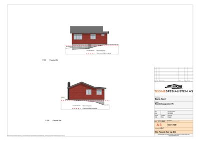 Tegning som viser fasadeopprikk for en bygning sett fra øst og sør.