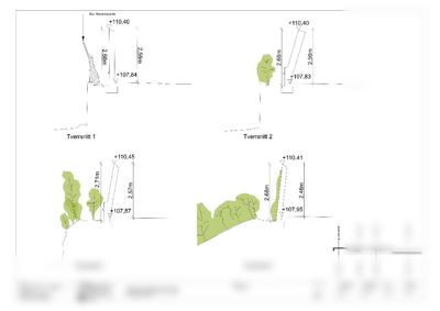 Tegning som viser fire ulike tverrsnitt (Tversnitt 1-4) av et terreng eller grunnforhold med høydemålinger og profilering.