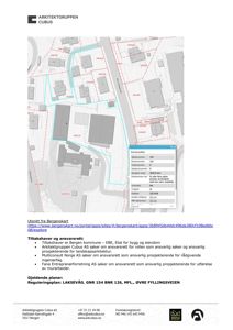 Situasjonsplan (tomtekart) som viser eiendomsnummer, bygningers plassering, grenser og arealdata for et prosjekt i Bergen.