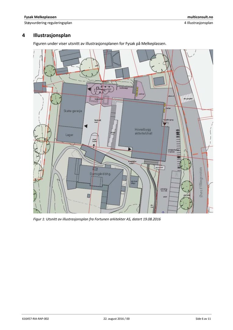 Et fotografi av en side fra en rapport som viser en illustrasjonsplan (situasjonsplan) for Fysak på Melkeplassen.