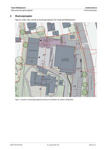 Et fotografi av en side fra en rapport som viser en illustrasjonsplan (situasjonsplan) for Fysak på Melkeplassen.